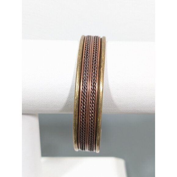 Estate Jewelry - Vintage Mixed Metal Brass Copper Textured Cuff Bracelet 7 in